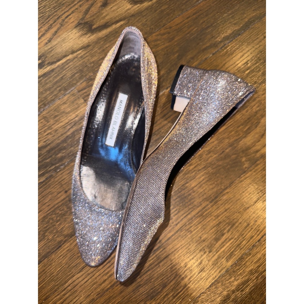 Manolo Blahnik Metallic Silver Gold‎ Textured Block Heel Pumps Pointed Toe 37.5 - Picture 3 of 7